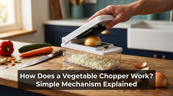 Manual vegetable chopper forcing onion through a fixed grid into a clear catch container.