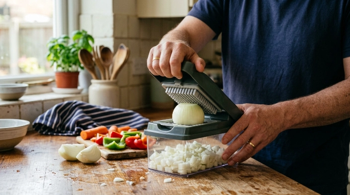Manual vegetable chopper forcing onion through a fixed grid into a clear catch container.