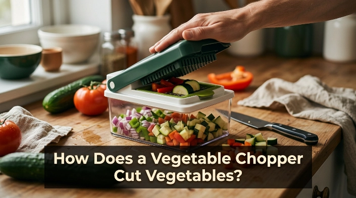 Grid, plunger, rotating, and electric vegetable choppers with different chopped vegetables.