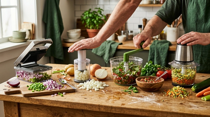 Grid, plunger, rotating, and electric vegetable choppers with different chopped vegetables.