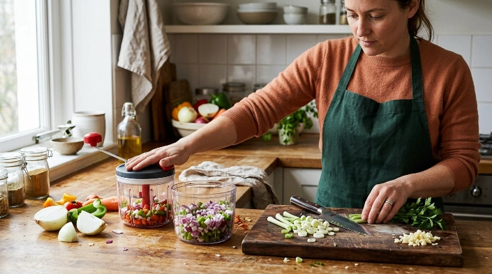Vegetable chopper batch-dicing peppers beside a knife used for trimming and small cutting jobs.