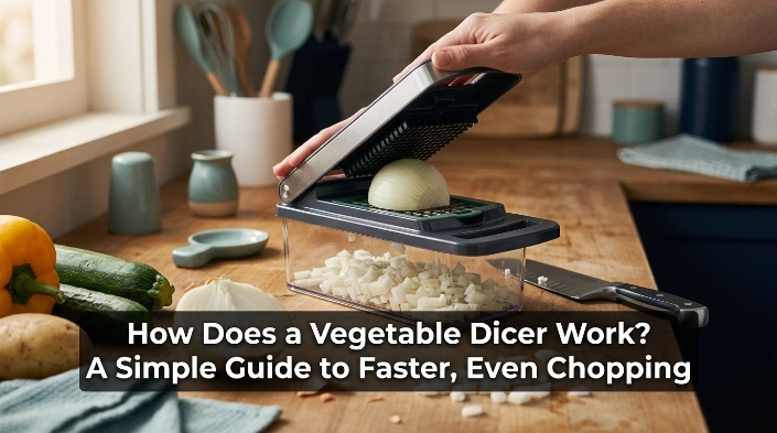 How does a vegetable dicer work as a potato is centered and pressed through the blade grid