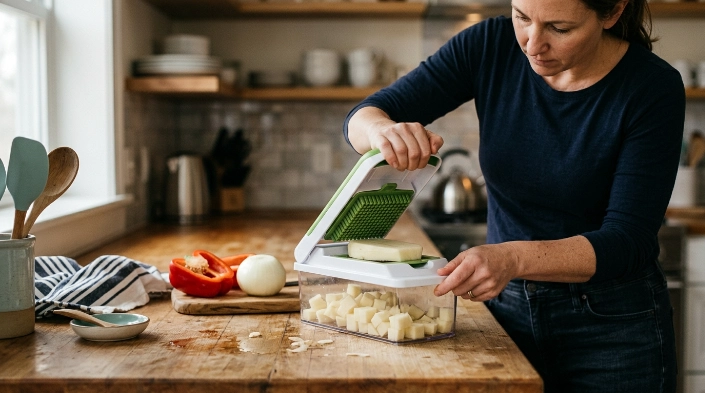 How does a vegetable dicer work as a potato is centered and pressed through the blade grid