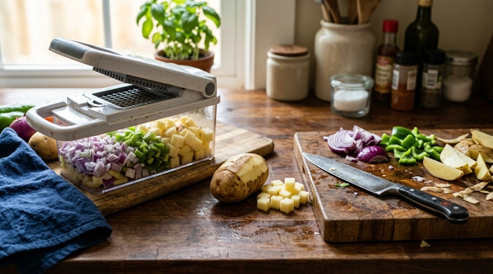 How does a vegetable dicer work beside a chefβs knife for uniform and flexible cutting
