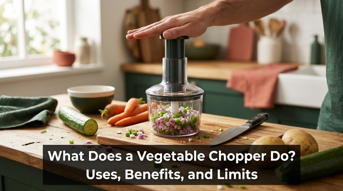 Vegetable chopper dicing fresh onion and peppers beside whole vegetables in a home kitchen.