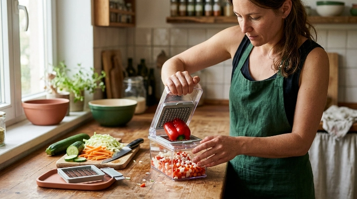 Vegetable chopper dicing peppers while sliced, shredded, and julienned vegetables show its different functions.