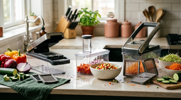 Three vegetable chopper styles compared with diced, sliced, shredded, and julienned vegetables on a kitchen counter.