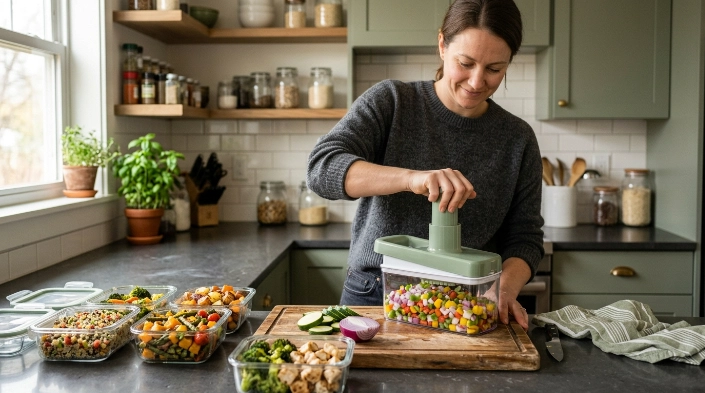Home cook using a vegetable chopper to make even onion and pepper pieces for meal prep.