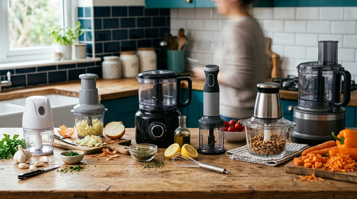 Six electric vegetable chopper types including mini, cordless, glass-bowl and processor designs