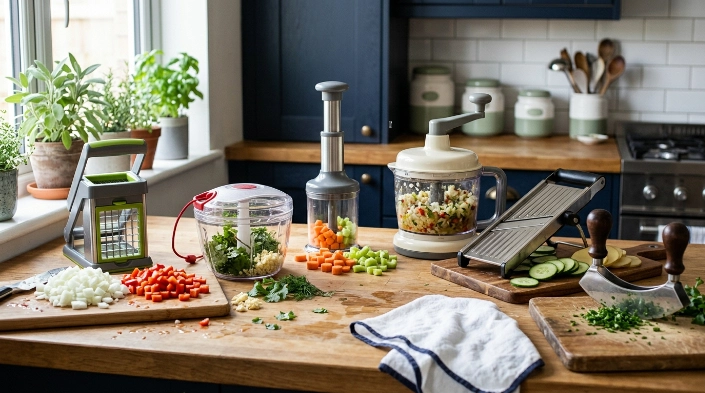 Six manual vegetable chopper types shown with different vegetables and cutting results