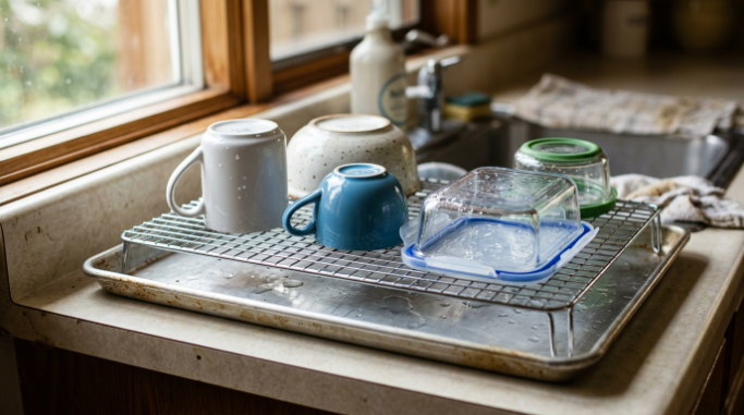 Cooling rack over a rimmed baking tray holding cups, bowls and containers while water drains below