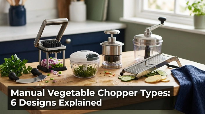 Manual vegetable chopper types arranged with onions, herbs, potatoes, cucumbers, and peppers