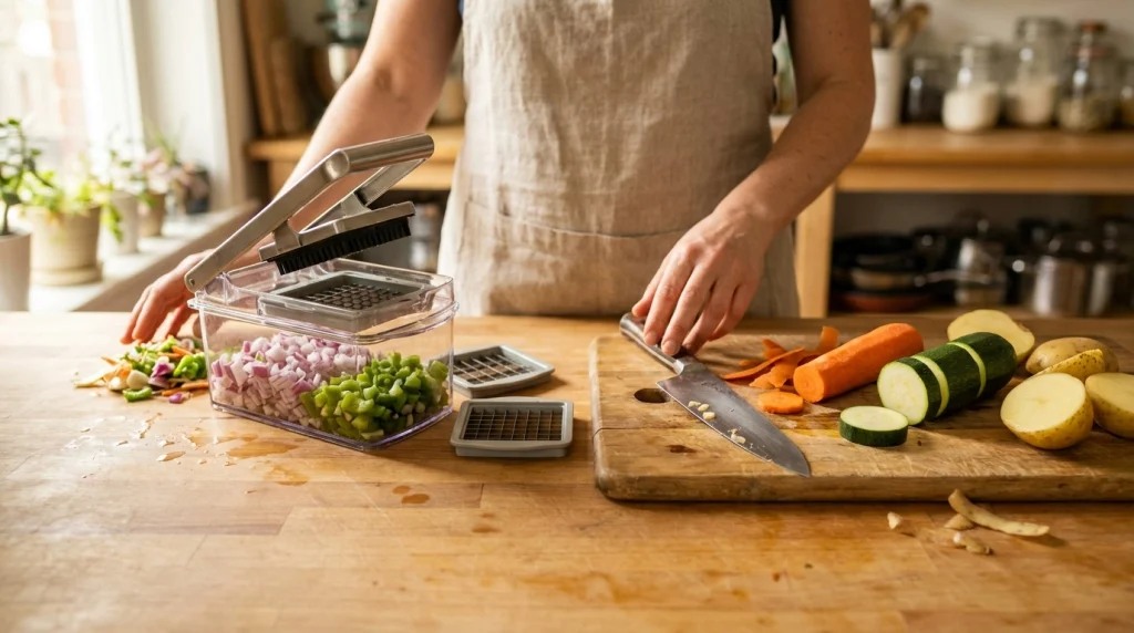 Manual vegetable chopper beside chef knife comparing uniform dicing and flexible vegetable cutting