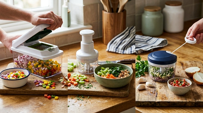 Push-down, press-action, and pull-cord manual vegetable choppers with vegetables and herbs
