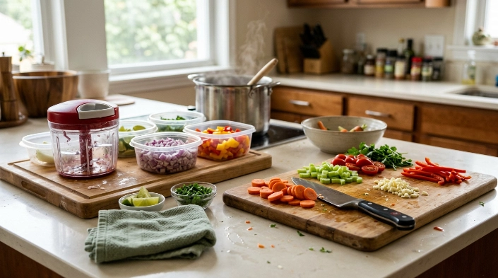 Chopper preparing taco vegetables beside a chef’s knife cutting ingredients for soup, salad, salsa, and stir-fry