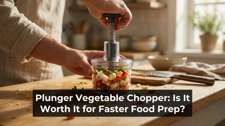 Plunger vegetable chopper chopping onion, garlic, peppers, herbs, and carrots on a kitchen counter
