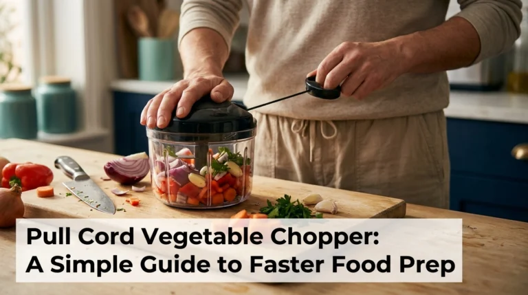 Pull cord vegetable chopper chopping onions and vegetables on a home kitchen counter