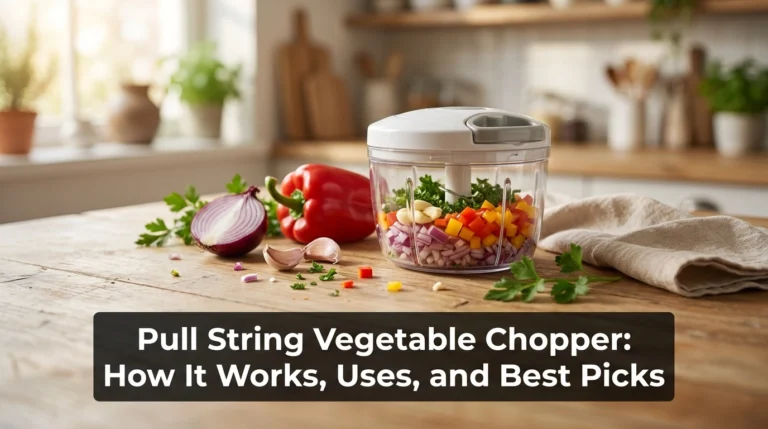 Infographic showing a pull string vegetable chopper with blades, handle, vegetables, herbs, and nuts