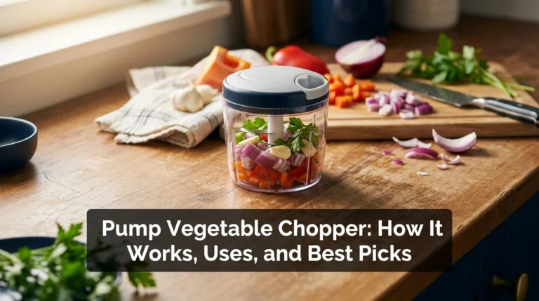 Pump vegetable chopper with onions, peppers, garlic, and herbs on a kitchen counter