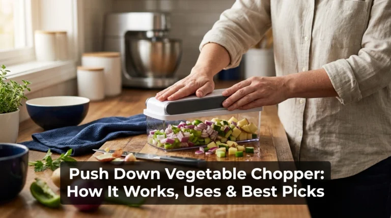 Push down vegetable chopper dicing onions and peppers in a bright home kitchen