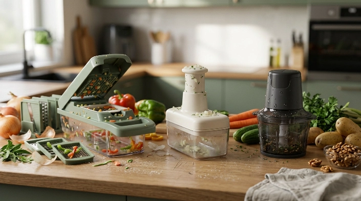Three vegetable chopper styles including multi-blade, simple manual, and electric mini processor.