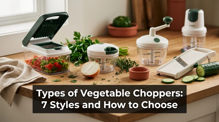Types of vegetable choppers displayed with fresh vegetables in a modern home kitchen