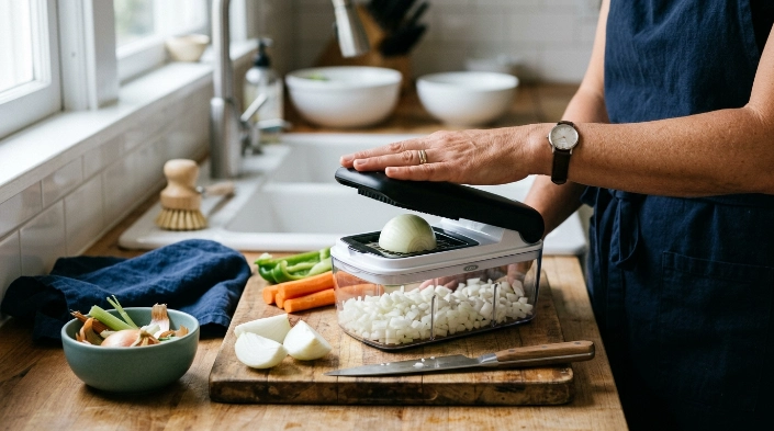 Correct vegetable chopper setup with washed produce, pre-cut pieces and stable placement.