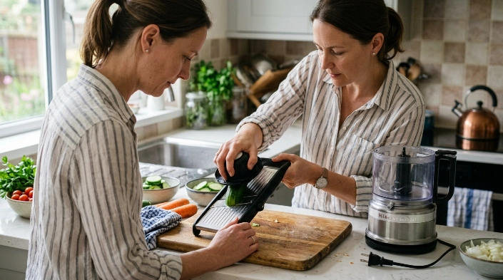 Home cook safely using a vegetable chopper guard while keeping hands clear of sharp blades