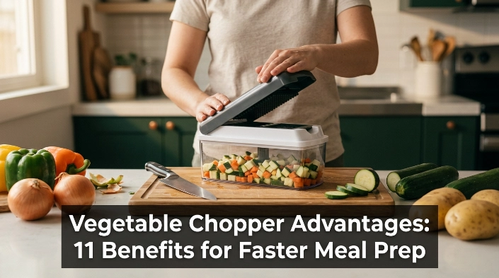 Vegetable chopper advantages shown with evenly diced vegetables during practical meal prep