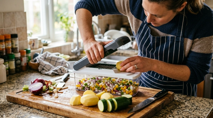 Vegetable chopper producing even onion and pepper cubes in a kitchen meal-prep scene.