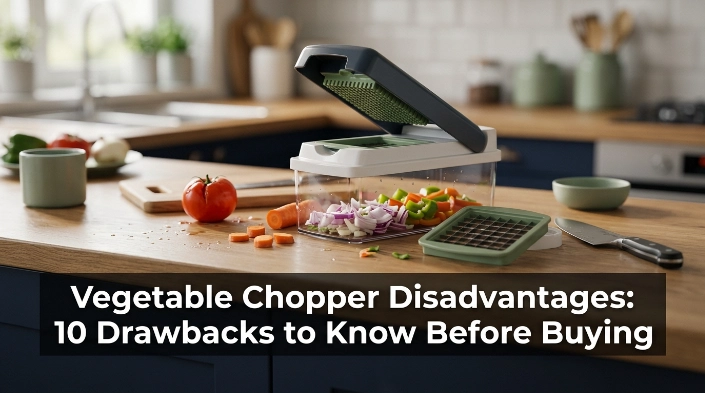 Vegetable chopper disadvantages shown with blades, vegetables, cleanup parts, and kitchen knife