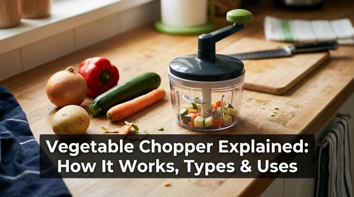 Vegetable chopper explained with onions, peppers, zucchini and diced vegetables in a home kitchen