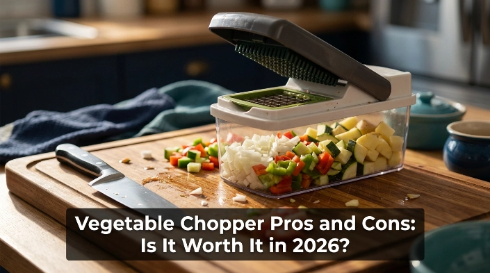 Vegetable chopper pros and cons shown with diced vegetables, chef’s knife, and kitchen prep tools