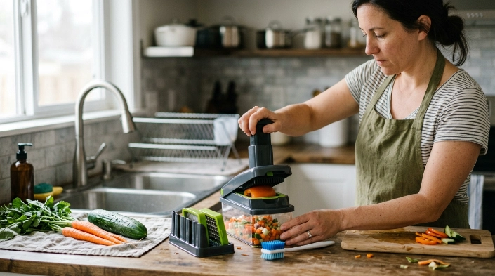 Home cook safely using a vegetable chopper with clean produce and protected cutting blades