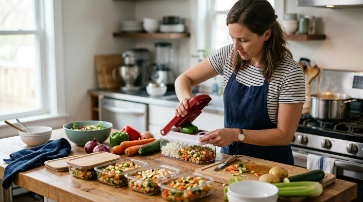 Batch meal prep showing when a vegetable chopper saves effort with multiple vegetables.