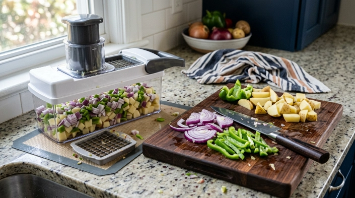 Vegetable chopper vs chopping by hand with uniform cubes beside varied knife-cut vegetables