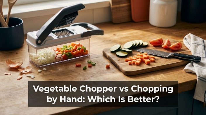 Vegetable chopper vs chopping by hand with diced vegetables, chef's knife, and cutting board