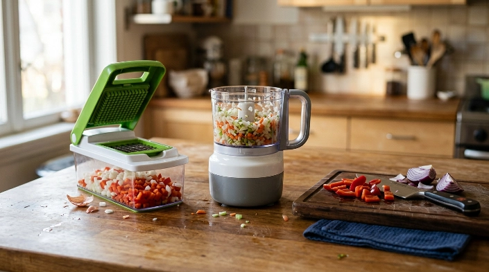 Manual vegetable chopper, food processor and chef's knife compared with different vegetable cuts