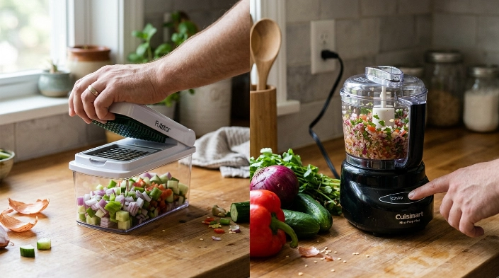 Manual vegetable chopper beside food processor showing diced cubes and finely chopped vegetables.