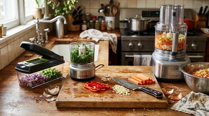 Grid chopper, mini chopper, chef's knife, and food processor compared during vegetable preparation.