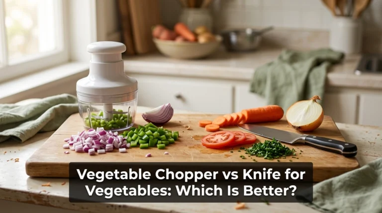 Vegetable chopper vs knife for vegetables with diced onions, peppers, carrots, and tomatoes