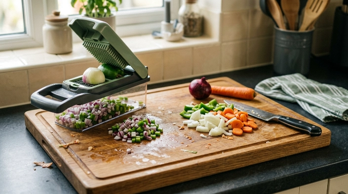 Vegetable chopper and chef’s knife compared for dicing onions and peppers