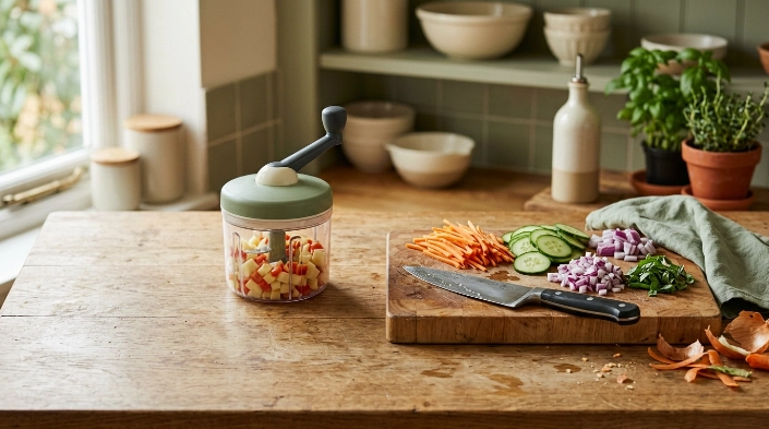 Vegetable chopper and chef's knife compared for batch dicing, meal prep, and precise slicing.