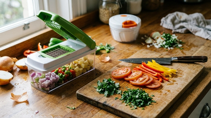 Vegetable chopper and chef’s knife comparing speed, even cuts, flexibility, and precision in food prep