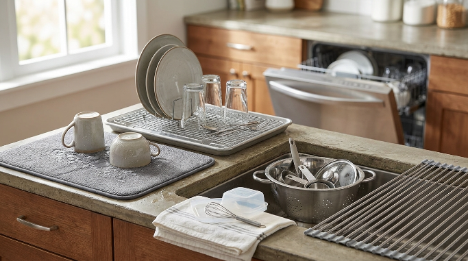 Drying mat, cooling rack, colander and over-sink rack used for drying dishes