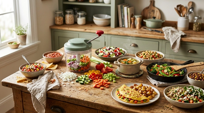 Vegetable chopper with salsa, salads, soup, tacos, stir-fry, omelet, and meal-prep vegetables.
