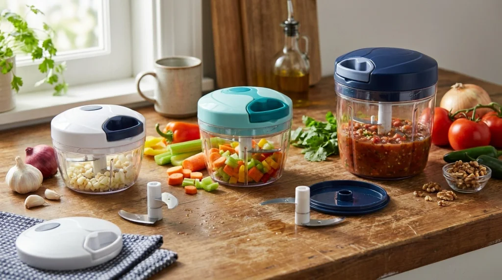 Three pull cord vegetable choppers showing different capacities, blades, handles and non-slip bases
