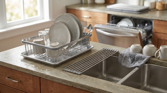 Fold-flat dish rack replacing a soaked towel and crowded temporary drying setup