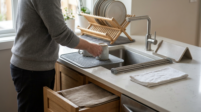 Homeowner choosing between silicone mat, roll-up rack and other dish drying options