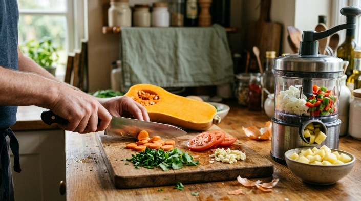 Chopper dicing onions and peppers beside a knife cutting carrots, tomatoes, herbs, garlic, and squash